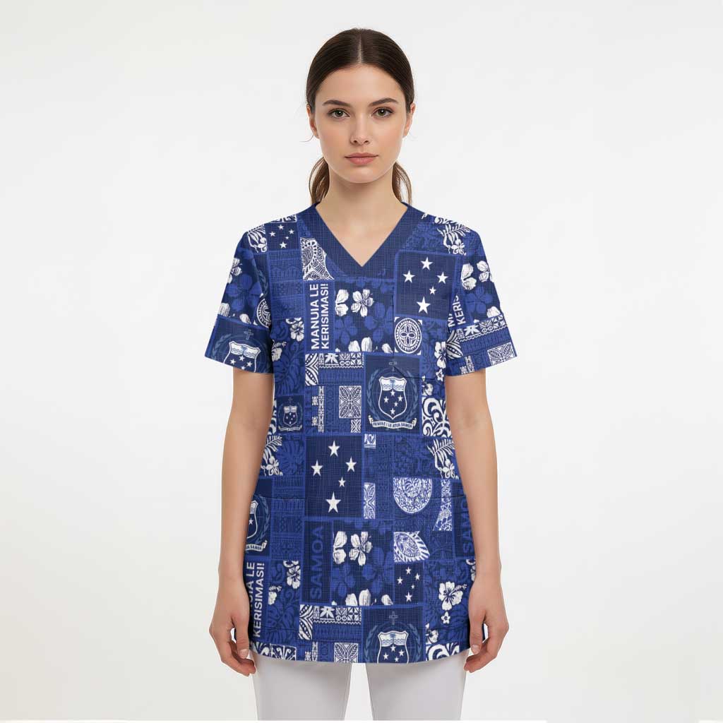 Blue Samoa Manuia Le Kerisimasi Scrub Top Pacific Patchwork Xmas Vibes LT9 - Polynesian Pride