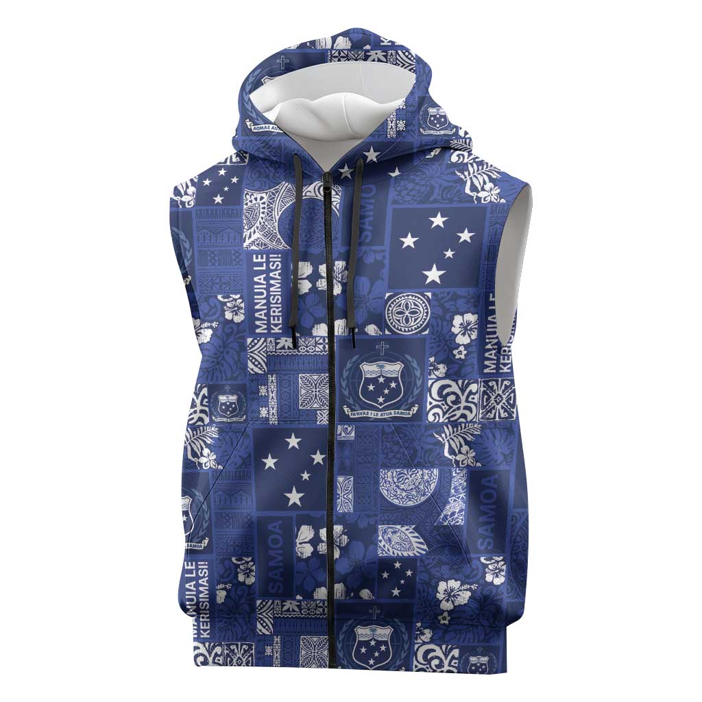 Blue Samoa Manuia Le Kerisimasi Sleeveless Zip Hoodie Pacific Patchwork Xmas Vibes LT9 Blue - Polynesian Pride