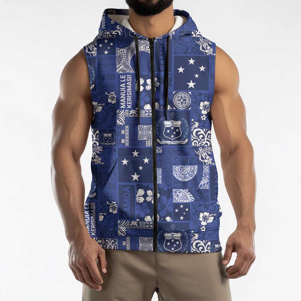 Blue Samoa Manuia Le Kerisimasi Sleeveless Zip Hoodie Pacific Patchwork Xmas Vibes LT9 - Polynesian Pride