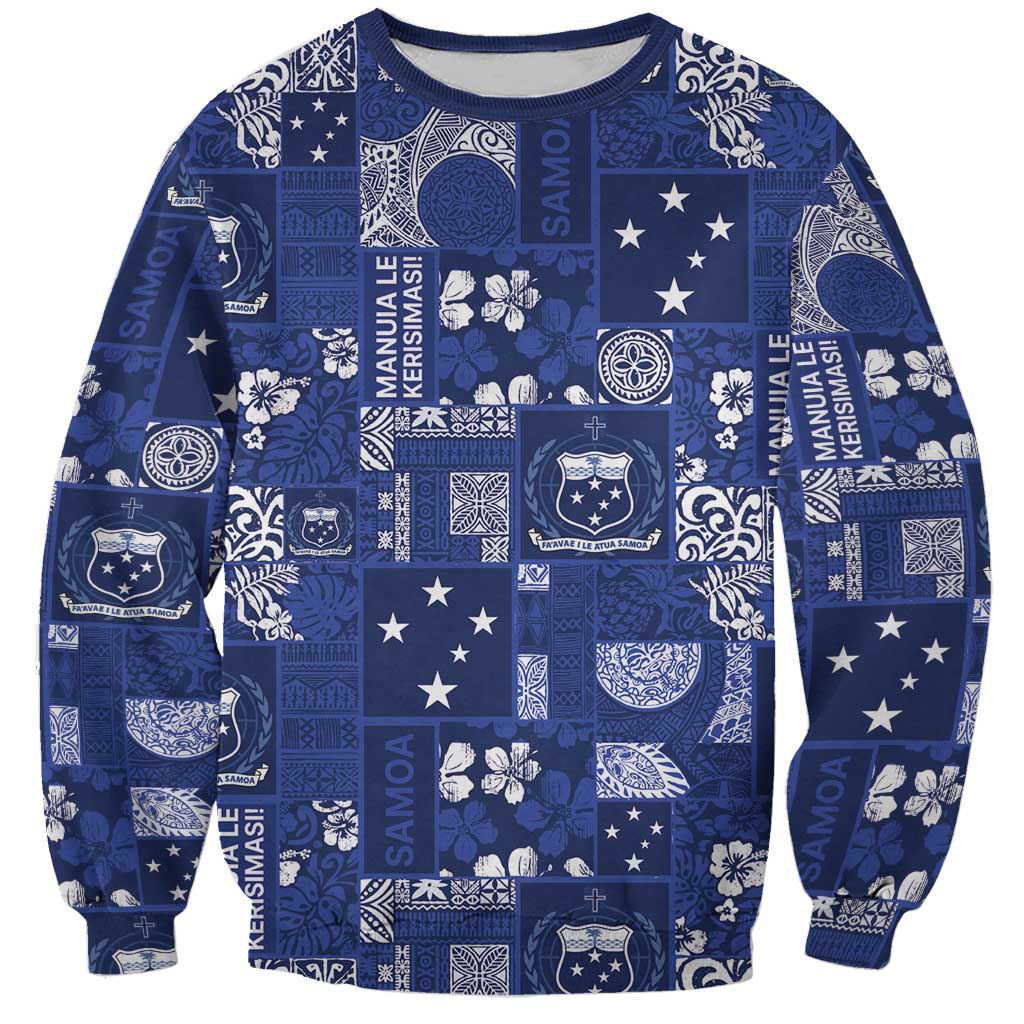 Blue Samoa Manuia Le Kerisimasi Sweatshirt Pacific Patchwork Xmas Vibes LT9 Unisex Blue - Polynesian Pride