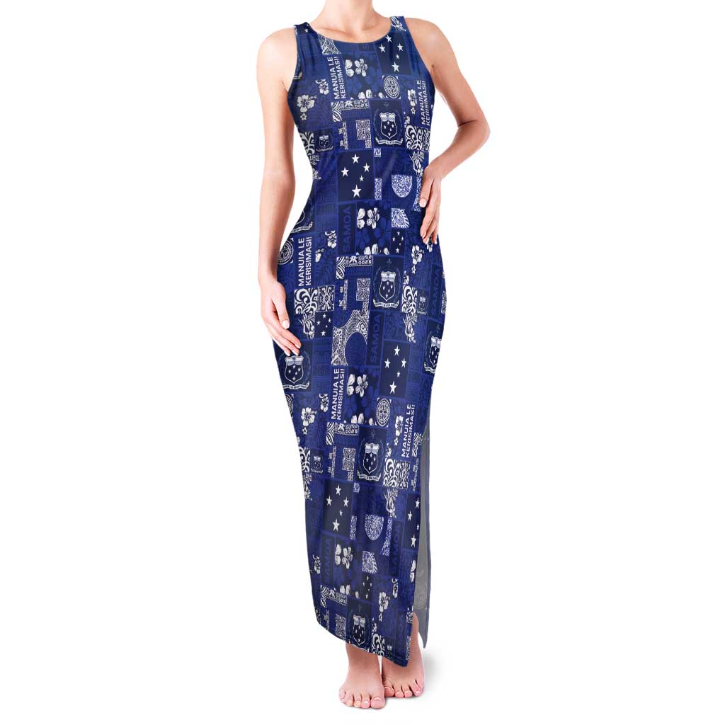 Blue Samoa Manuia Le Kerisimasi Tank Maxi Dress Pacific Patchwork Xmas Vibes LT9 Women Blue - Polynesian Pride