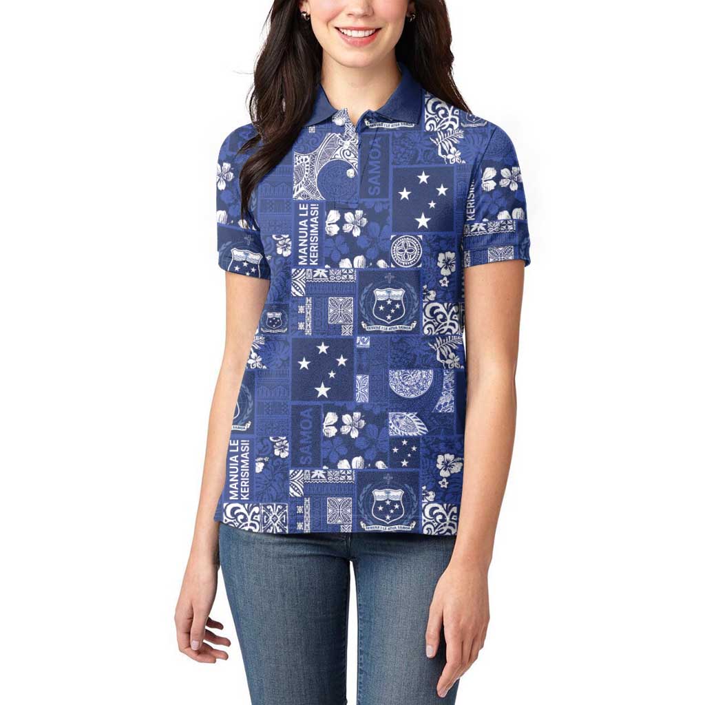 Blue Samoa Manuia Le Kerisimasi Women Polo Shirt Pacific Patchwork Xmas Vibes LT9 - Polynesian Pride