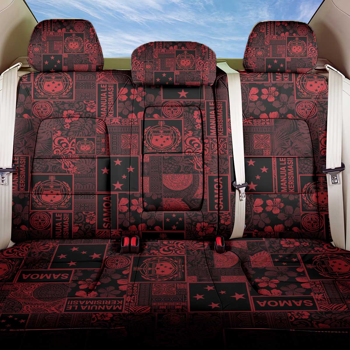 Dark Samoa Manuia Le Kerisimasi Back Car Seat Cover Pacific Patchwork Xmas Vibes LT9 One Size Red - Polynesian Pride