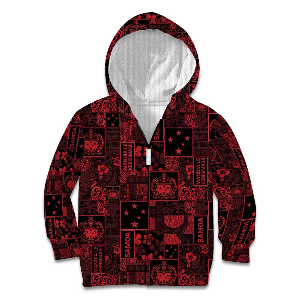 Dark Samoa Manuia Le Kerisimasi Kid Hoodie Pacific Patchwork Xmas Vibes LT9 Zip Hoodie Red - Polynesian Pride