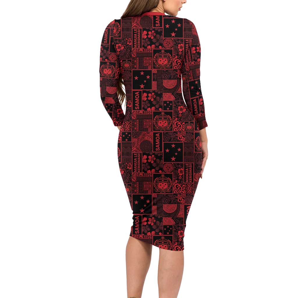Dark Samoa Manuia Le Kerisimasi Long Sleeve Bodycon Dress Pacific Patchwork Xmas Vibes LT9 - Polynesian Pride