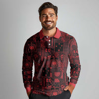 Dark Samoa Manuia Le Kerisimasi Long Sleeve Polo Shirt Pacific Patchwork Xmas Vibes LT9 - Polynesian Pride