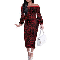 Dark Samoa Manuia Le Kerisimasi Off The Shoulder Long Sleeve Dress Pacific Patchwork Xmas Vibes LT9 Women Red - Polynesian Pride