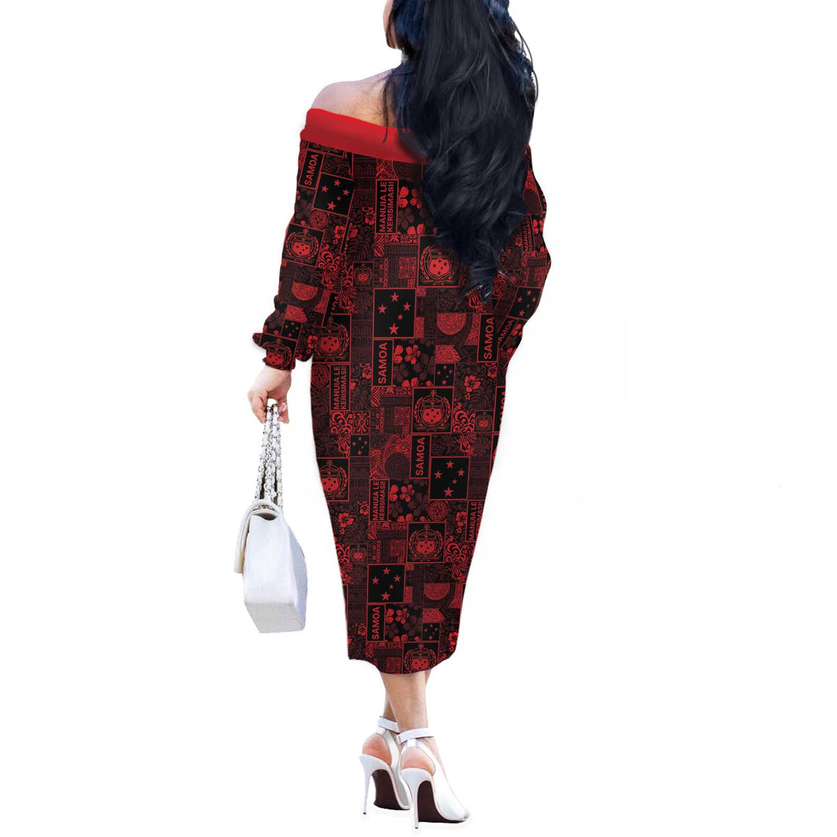 Dark Samoa Manuia Le Kerisimasi Off The Shoulder Long Sleeve Dress Pacific Patchwork Xmas Vibes LT9 - Polynesian Pride