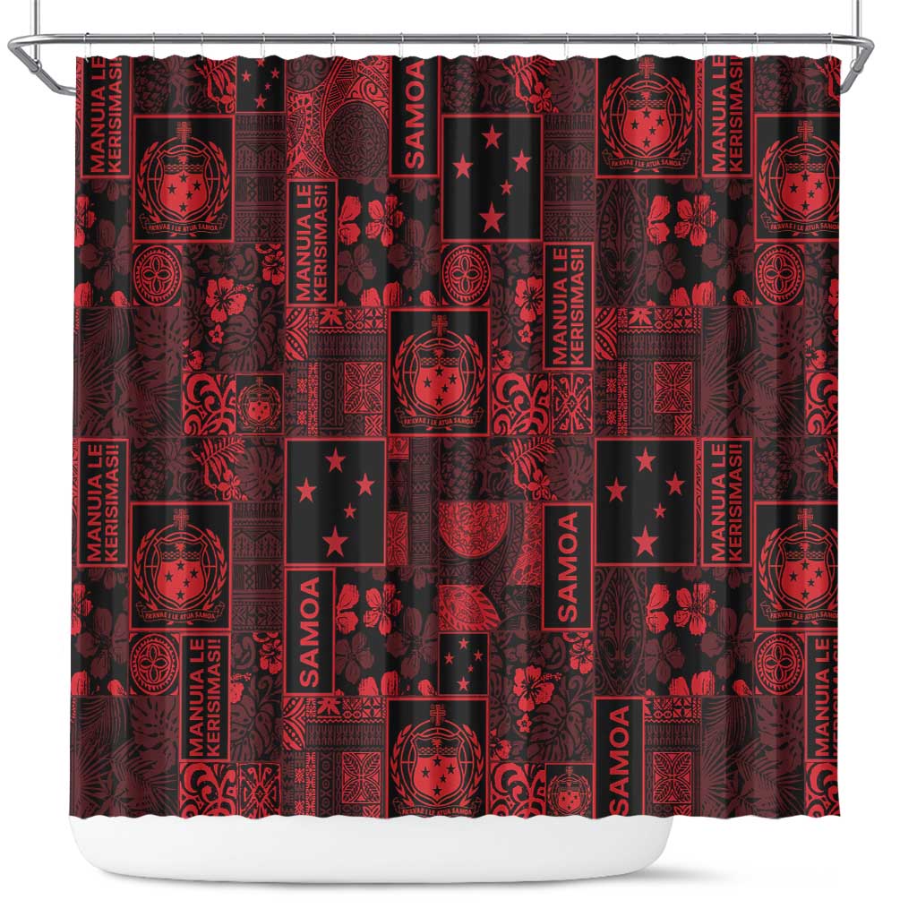 Dark Samoa Manuia Le Kerisimasi Shower Curtain Pacific Patchwork Xmas Vibes LT9 Red - Polynesian Pride