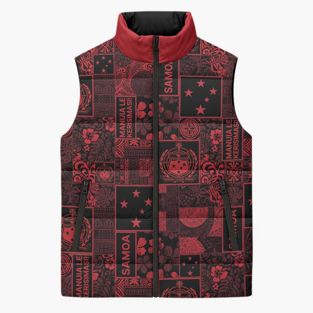 Dark Samoa Manuia Le Kerisimasi Sleeveless Puffer Jacket Pacific Patchwork Xmas Vibes LT9 Unisex Red - Polynesian Pride