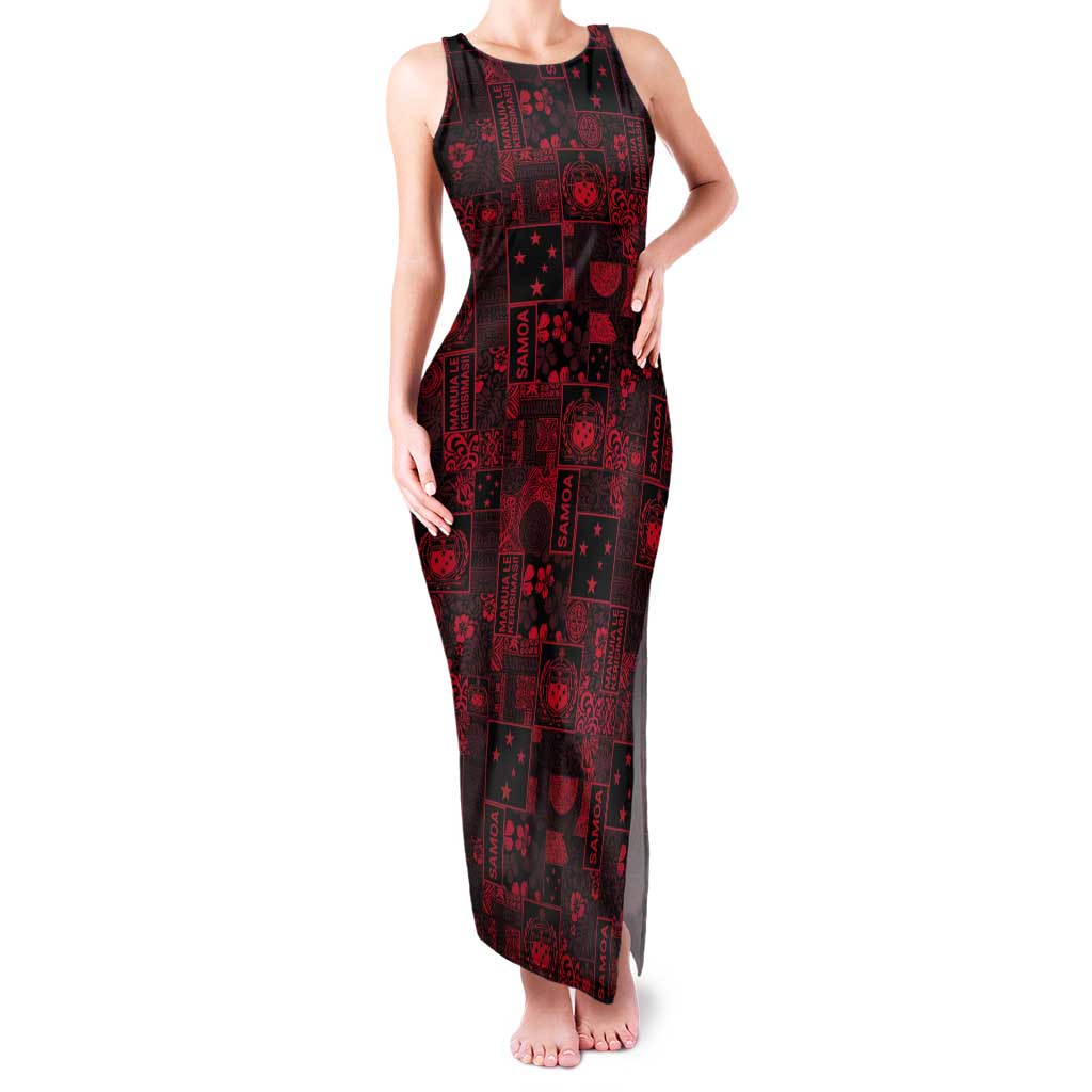 Dark Samoa Manuia Le Kerisimasi Tank Maxi Dress Pacific Patchwork Xmas Vibes LT9 Women Red - Polynesian Pride