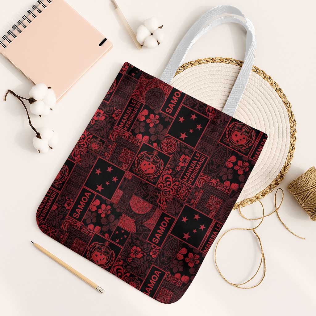 Dark Samoa Manuia Le Kerisimasi Tote Bag Pacific Patchwork Xmas Vibes LT9 White Strap One Size Red - Polynesian Pride