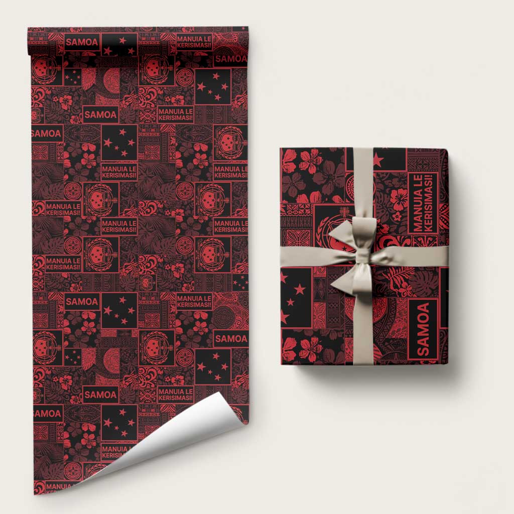 Dark Samoa Manuia Le Kerisimasi Wrapping Paper Pacific Patchwork Xmas Vibes LT9 58" × 23" Red - Polynesian Pride