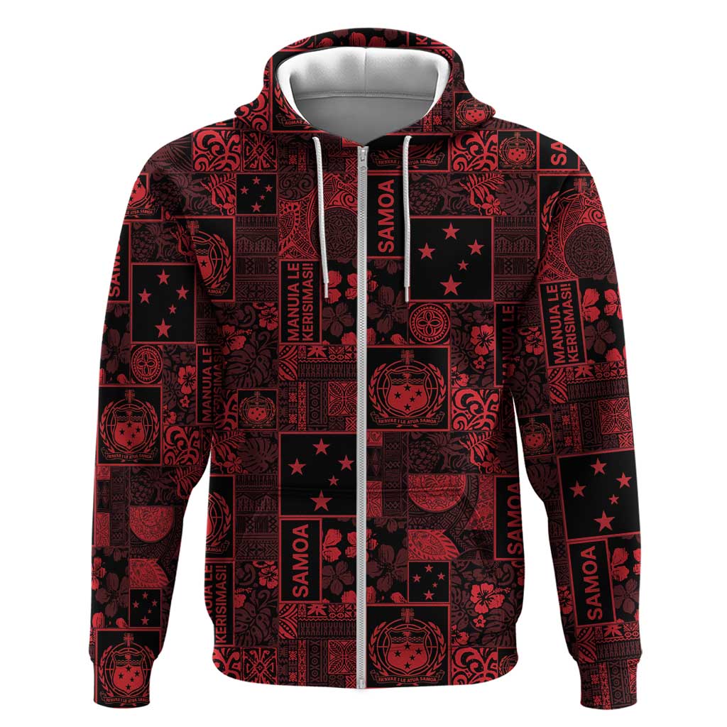 Dark Samoa Manuia Le Kerisimasi Zip Hoodie Pacific Patchwork Xmas Vibes LT9 Zip Hoodie Red - Polynesian Pride