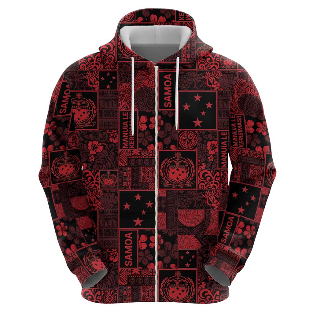 Dark Samoa Manuia Le Kerisimasi Zip Hoodie Pacific Patchwork Xmas Vibes LT9 - Polynesian Pride
