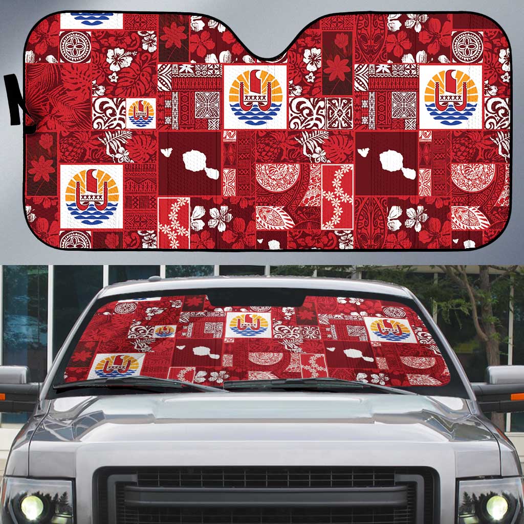 Tahiti Oaoa I Teie Noera Auto Sun Shade Pacific Patchwork Xmas Vibes LT9 Red - Polynesian Pride