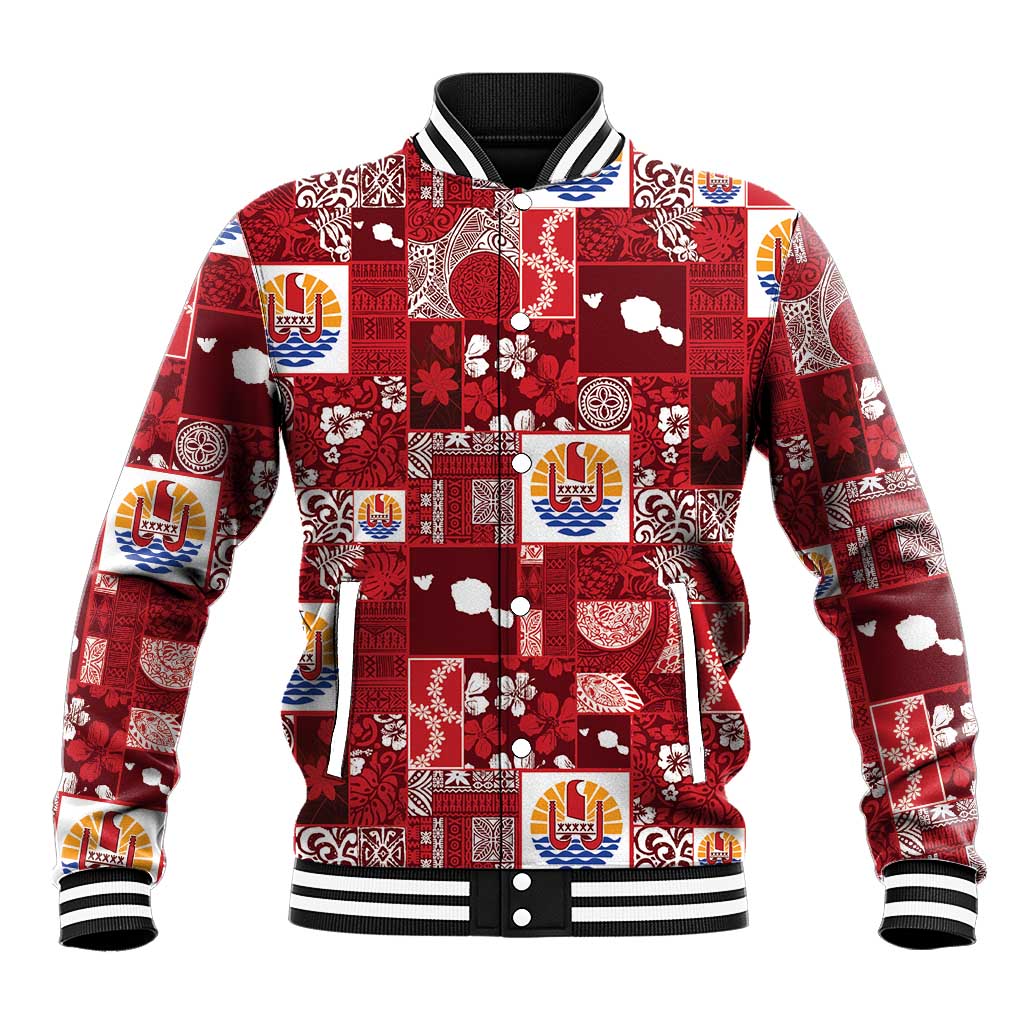 Tahiti Oaoa I Teie Noera Baseball Jacket Pacific Patchwork Xmas Vibes LT9 Unisex Red - Polynesian Pride
