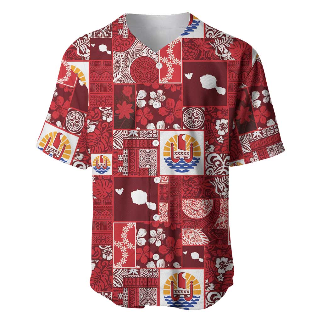 Tahiti Oaoa I Teie Noera Baseball Jersey Pacific Patchwork Xmas Vibes LT9 Red - Polynesian Pride