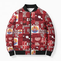 Tahiti Oaoa I Teie Noera Bomber Puffer Jacket Pacific Patchwork Xmas Vibes LT9 Unisex Red - Polynesian Pride