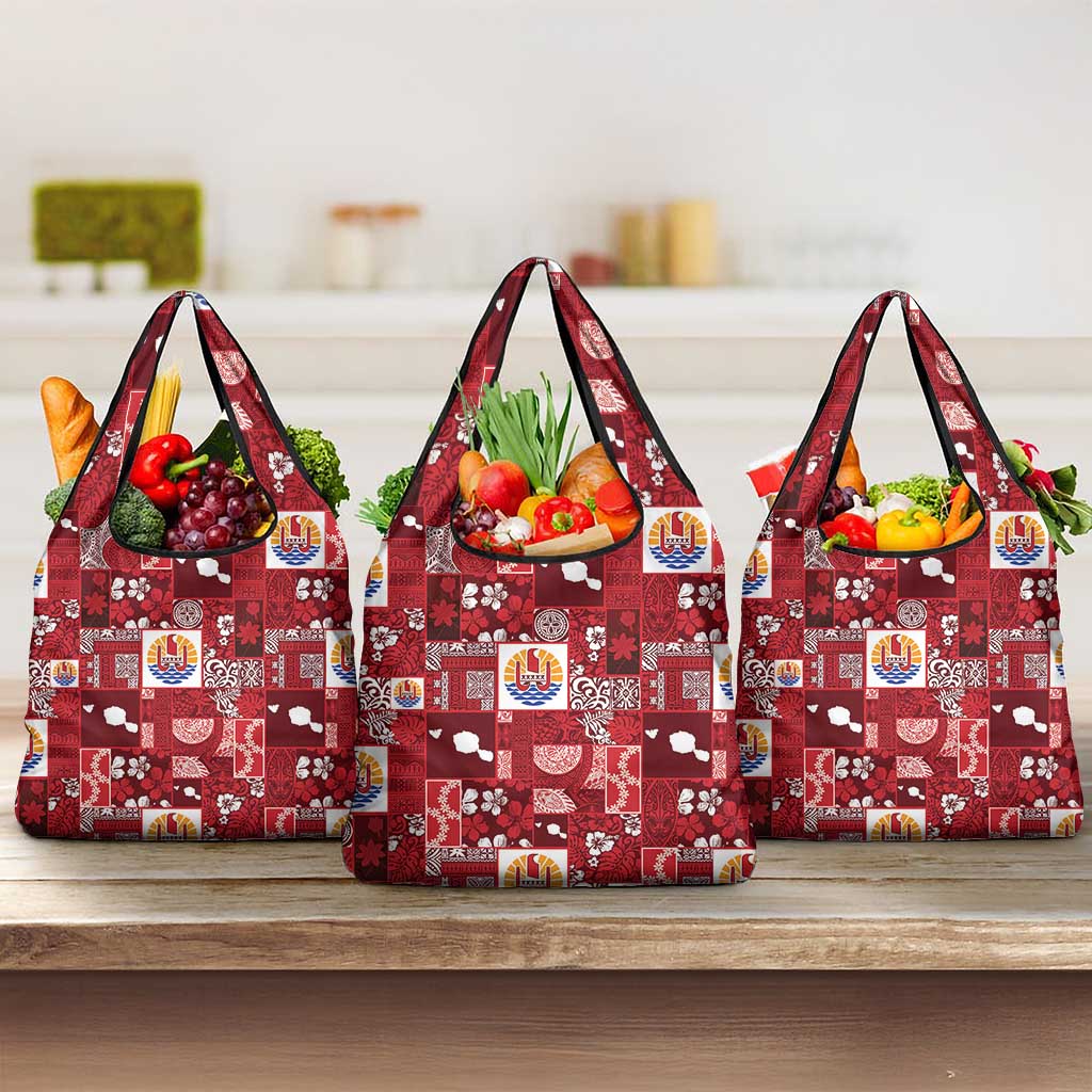 Tahiti Oaoa I Teie Noera Grocery Bag Pacific Patchwork Xmas Vibes LT9 3-pack One Size Red - Polynesian Pride