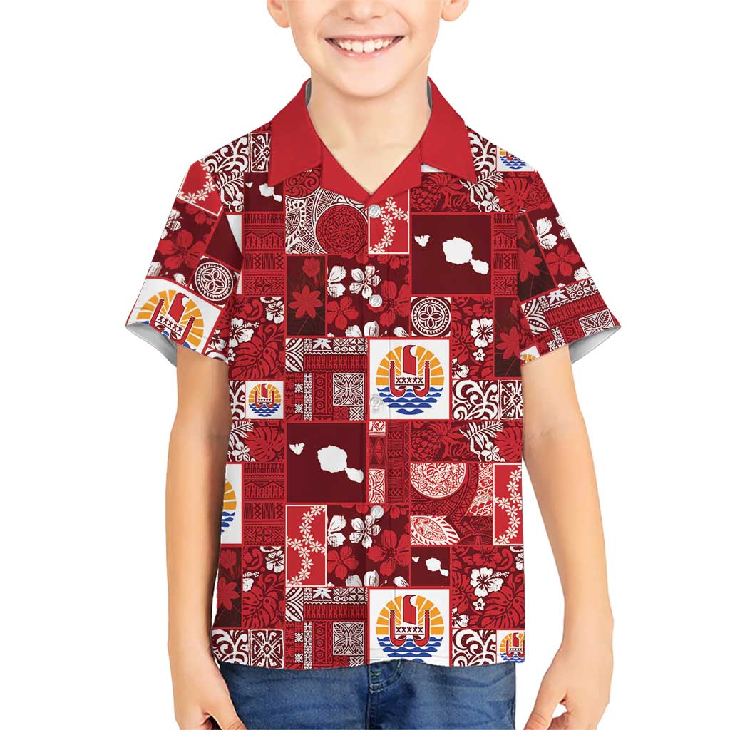 Tahiti Oaoa I Teie Noera Kid Hawaiian Shirt Pacific Patchwork Xmas Vibes LT9 Kid Red - Polynesian Pride