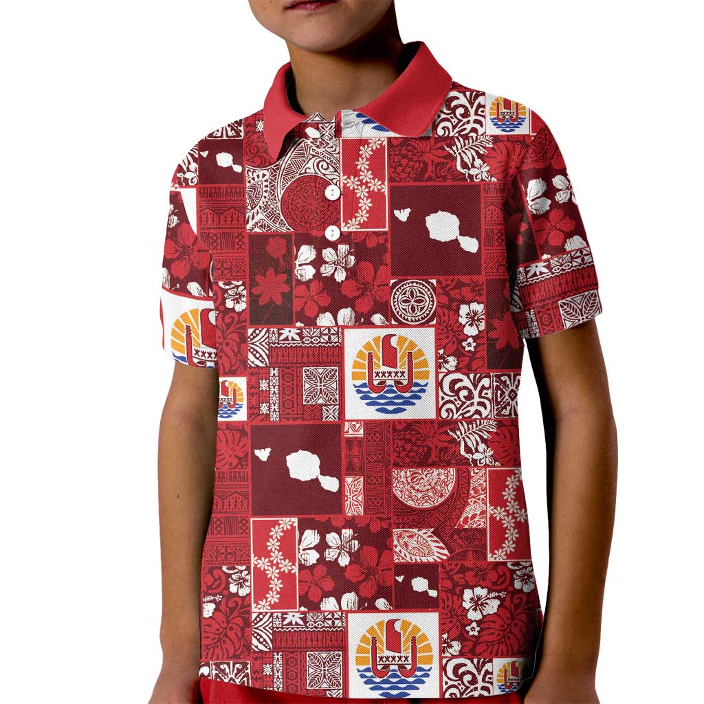 Tahiti Oaoa I Teie Noera Kid Polo Shirt Pacific Patchwork Xmas Vibes LT9 Kid Red - Polynesian Pride