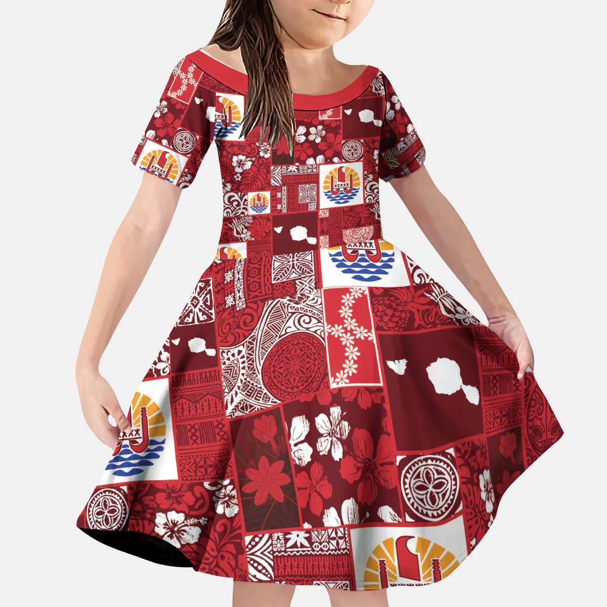 Tahiti Oaoa I Teie Noera Kid Short Sleeve Dress Pacific Patchwork Xmas Vibes LT9 KID Red - Polynesian Pride