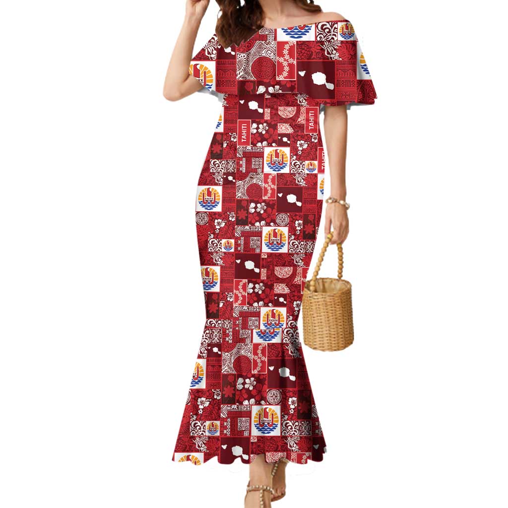 Tahiti Oaoa I Teie Noera Mermaid Dress Pacific Patchwork Xmas Vibes LT9 Women Red - Polynesian Pride