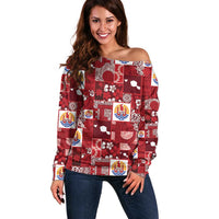Tahiti Oaoa I Teie Noera Off Shoulder Sweater Pacific Patchwork Xmas Vibes LT9 Women Red - Polynesian Pride