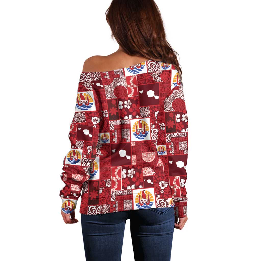 Tahiti Oaoa I Teie Noera Off Shoulder Sweater Pacific Patchwork Xmas Vibes LT9 - Polynesian Pride