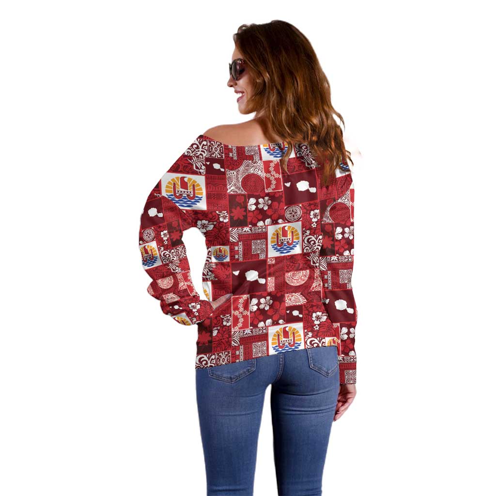 Tahiti Oaoa I Teie Noera Off Shoulder Sweater Pacific Patchwork Xmas Vibes LT9 - Polynesian Pride