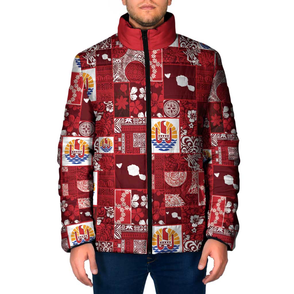 Tahiti Oaoa I Teie Noera Padded Jacket Pacific Patchwork Xmas Vibes LT9 Men Red - Polynesian Pride