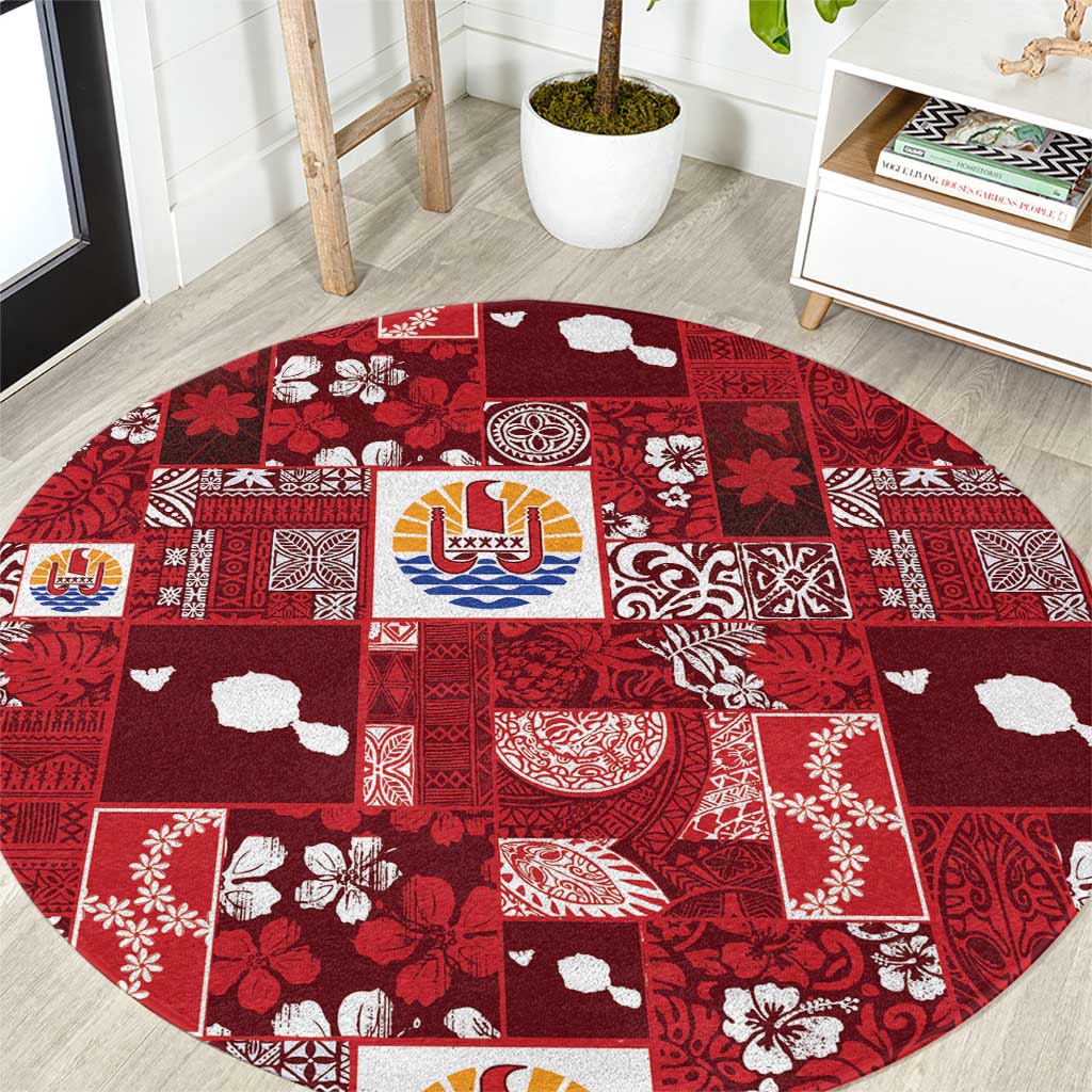 Tahiti Oaoa I Teie Noera Round Carpet Pacific Patchwork Xmas Vibes LT9 Red - Polynesian Pride