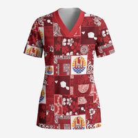 Tahiti Oaoa I Teie Noera Scrub Top Pacific Patchwork Xmas Vibes LT9 Adult Red - Polynesian Pride