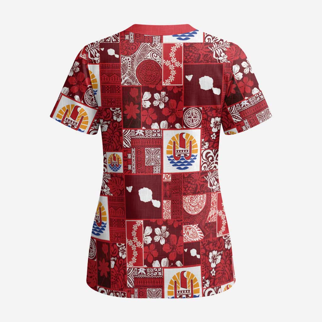 Tahiti Oaoa I Teie Noera Scrub Top Pacific Patchwork Xmas Vibes LT9 - Polynesian Pride