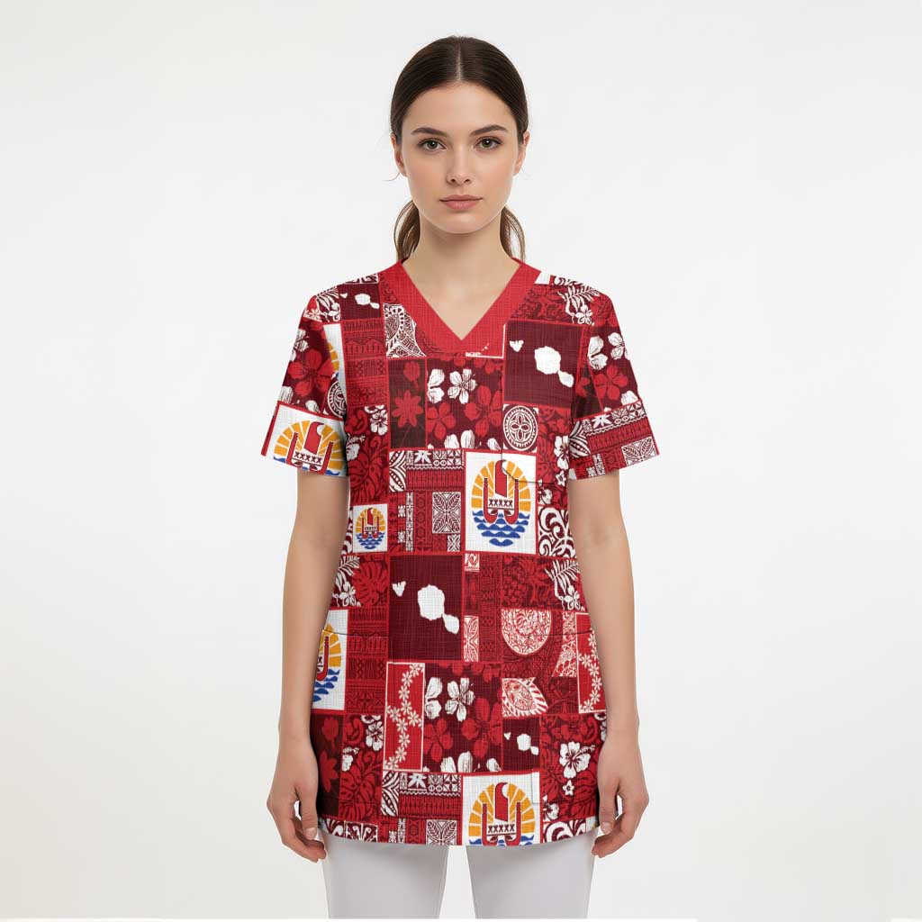 Tahiti Oaoa I Teie Noera Scrub Top Pacific Patchwork Xmas Vibes LT9 - Polynesian Pride
