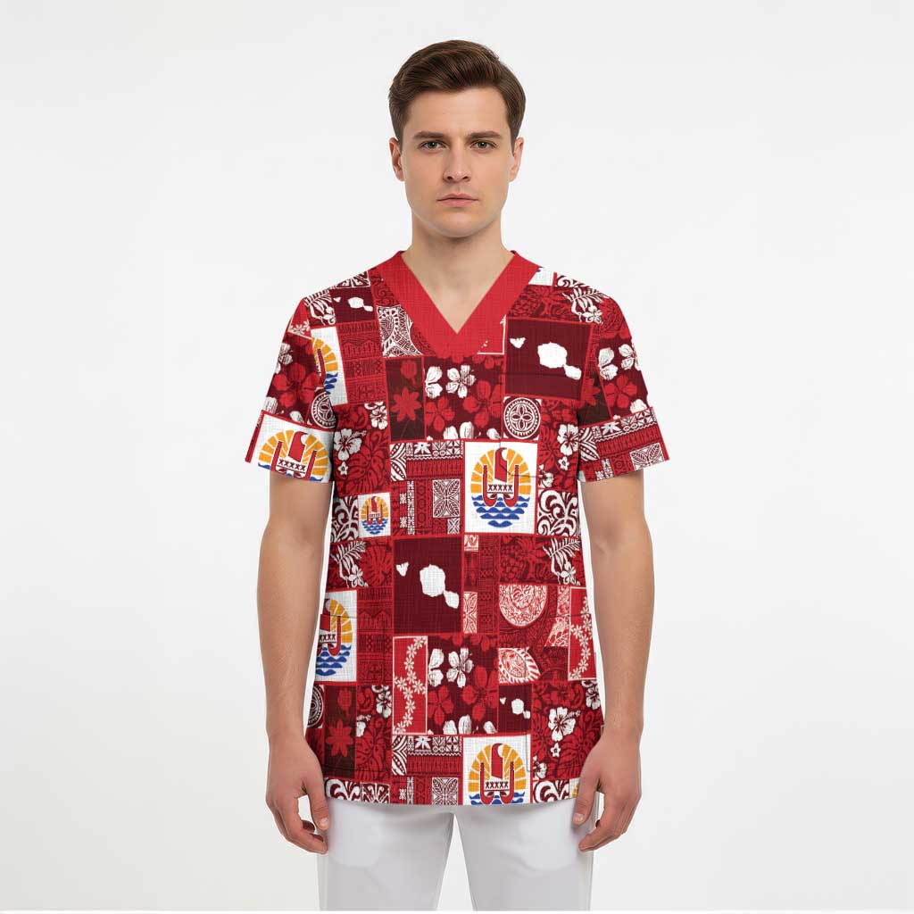 Tahiti Oaoa I Teie Noera Scrub Top Pacific Patchwork Xmas Vibes LT9 - Polynesian Pride