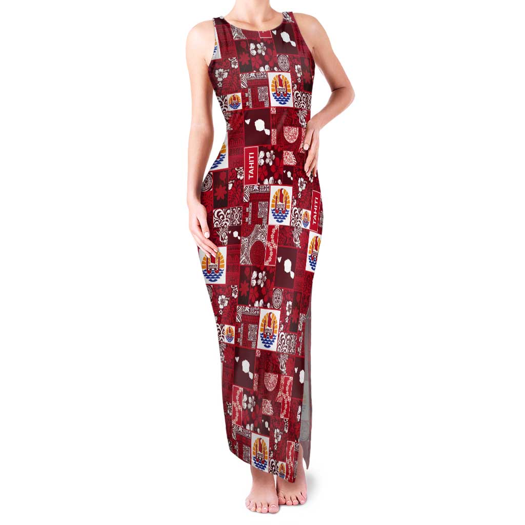 Tahiti Oaoa I Teie Noera Tank Maxi Dress Pacific Patchwork Xmas Vibes LT9 Women Red - Polynesian Pride