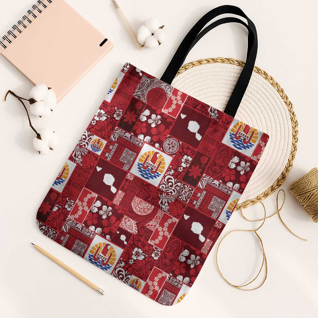 Tahiti Oaoa I Teie Noera Tote Bag Pacific Patchwork Xmas Vibes LT9 Black Strap One Size Red - Polynesian Pride
