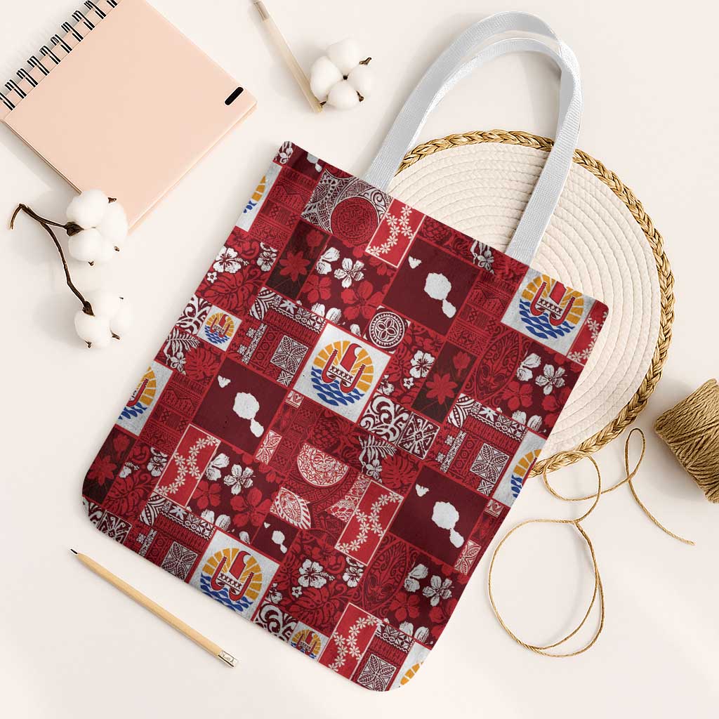 Tahiti Oaoa I Teie Noera Tote Bag Pacific Patchwork Xmas Vibes LT9 White Strap One Size Red - Polynesian Pride