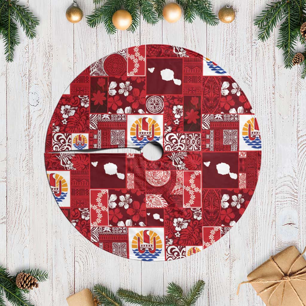 Tahiti Oaoa I Teie Noera Tree Skirt Pacific Patchwork Xmas Vibes LT9 Casual Red - Polynesian Pride
