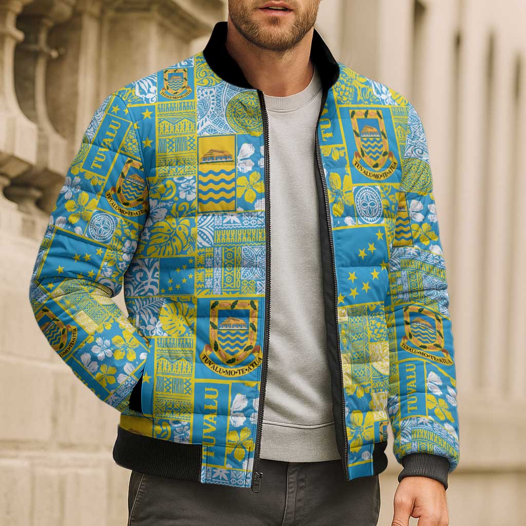 Tuvalu Manuia te Kilisimasi Bomber Puffer Jacket Pacific Patchwork Xmas Vibes LT9 - Polynesian Pride