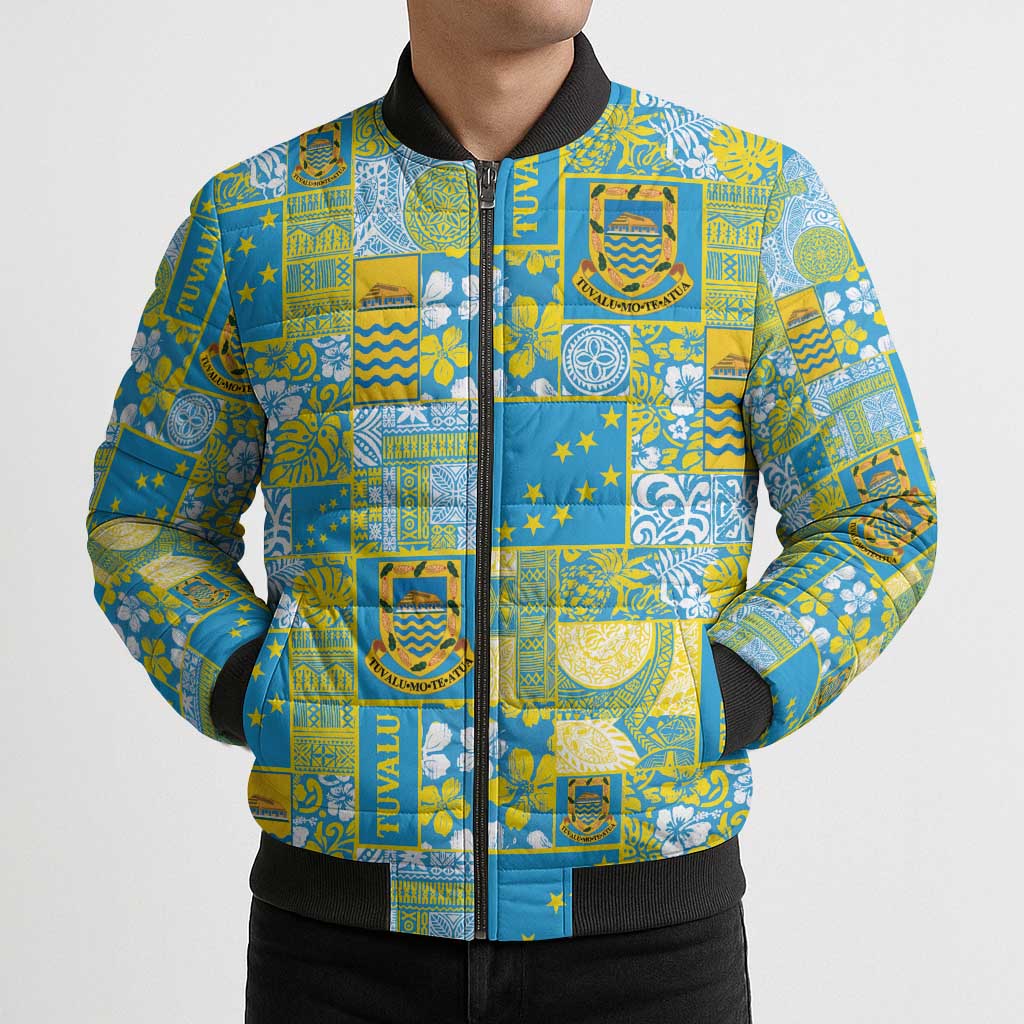 Tuvalu Manuia te Kilisimasi Bomber Puffer Jacket Pacific Patchwork Xmas Vibes LT9 - Polynesian Pride