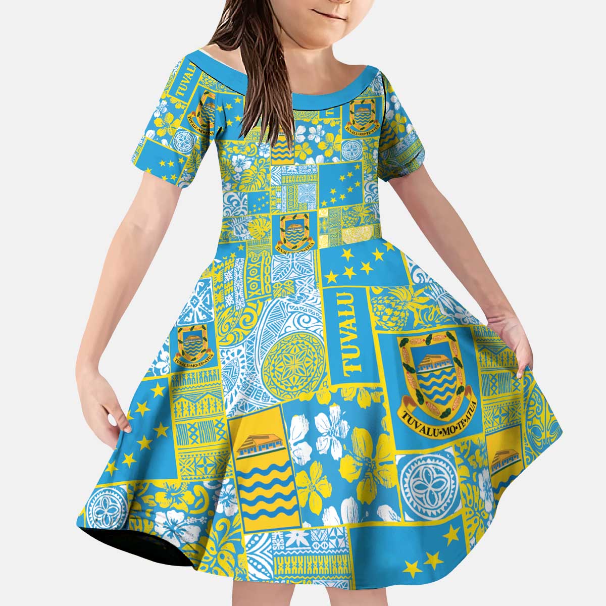Tuvalu Manuia te Kilisimasi Kid Short Sleeve Dress Pacific Patchwork Xmas Vibes LT9 KID Green - Polynesian Pride