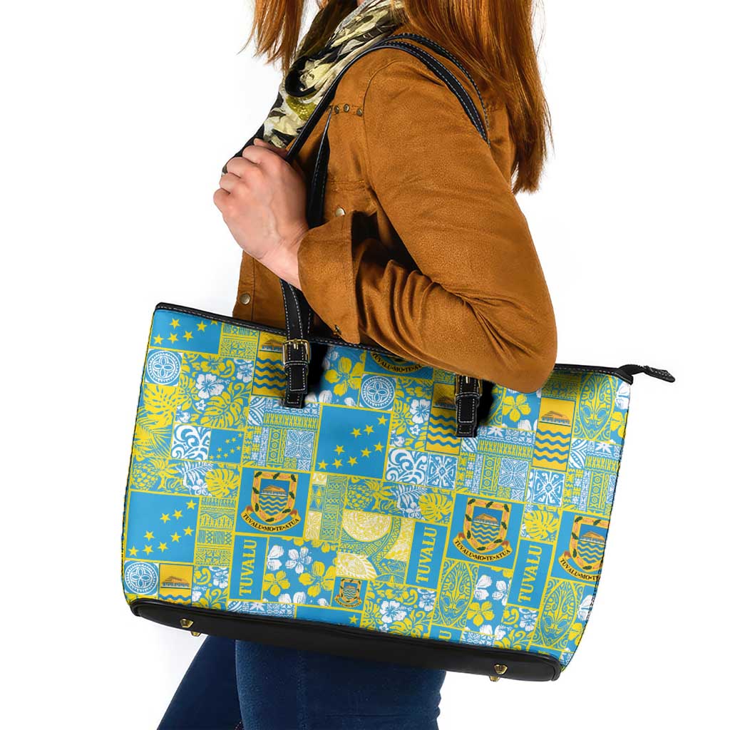Tuvalu Manuia te Kilisimasi Leather Tote Bag Pacific Patchwork Xmas Vibes LT9 Green - Polynesian Pride