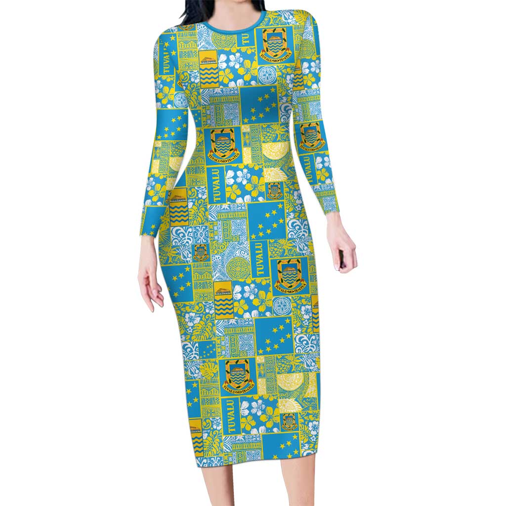 Tuvalu Manuia te Kilisimasi Long Sleeve Bodycon Dress Pacific Patchwork Xmas Vibes LT9 Long Dress Green - Polynesian Pride