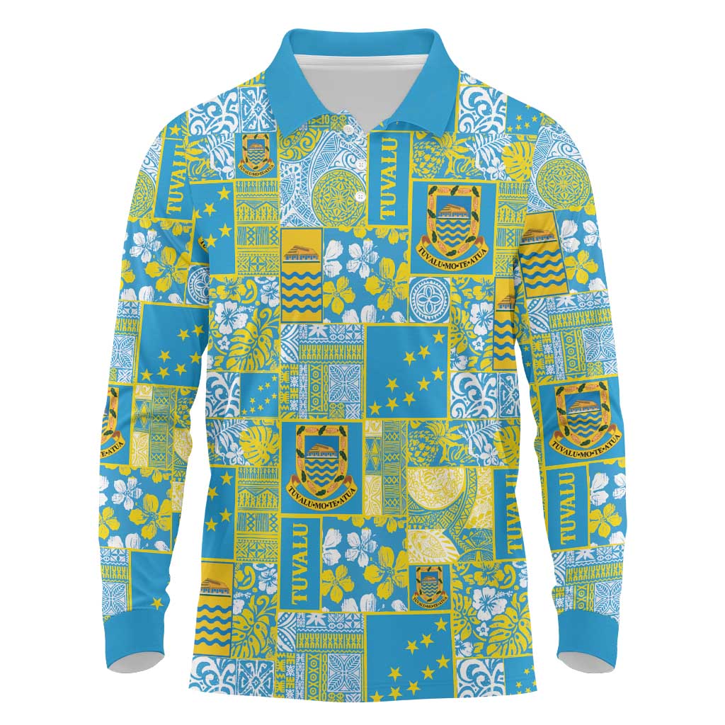 Tuvalu Manuia te Kilisimasi Long Sleeve Polo Shirt Pacific Patchwork Xmas Vibes LT9 Green - Polynesian Pride