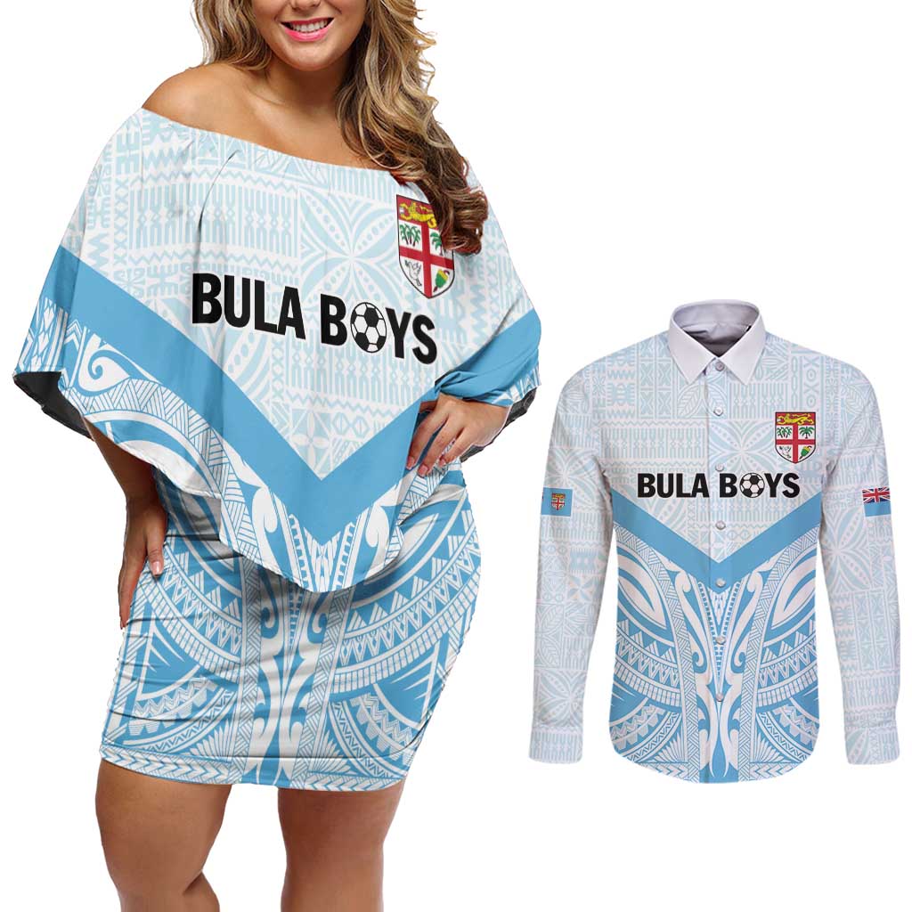 Fiji Football Custom Couples Matching Off Shoulder Short Dress and Long Sleeve Button Shirt Bula Boys Go Champions