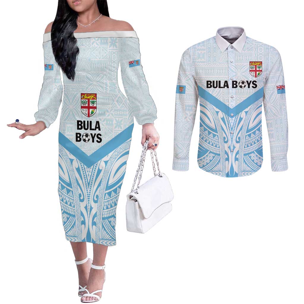 Fiji Football Custom Couples Matching Off The Shoulder Long Sleeve Dress and Long Sleeve Button Shirt Bula Boys Go Champions