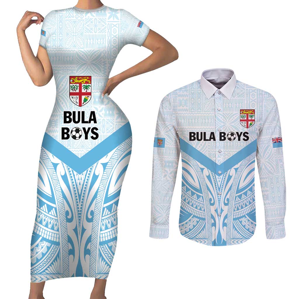 Fiji Football Custom Couples Matching Short Sleeve Bodycon Dress and Long Sleeve Button Shirt Bula Boys Go Champions